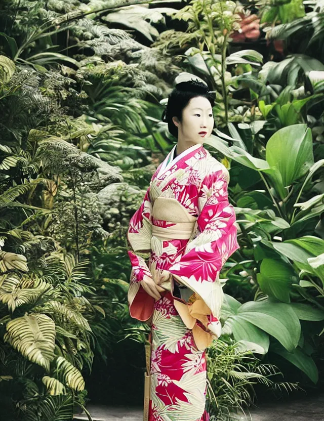 Prompt: fashion full-length photograph of a beautiful Japanese woman wearing a traditional kimono in an tropical greenhouse, by Annie Leibowitz, extremely detailed, large format camera, Fuji Provia film, 85mm lens, bokeh blurred background, photorealistic, trending on instagram, trending on artstation