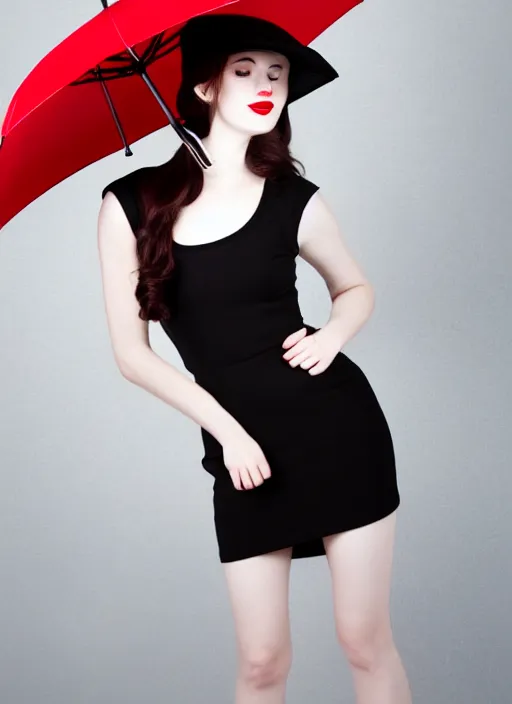 Prompt: a beautiful white pale skin girl, grey background, black dress, vibrent red lipstick, a black hat, black umbrella