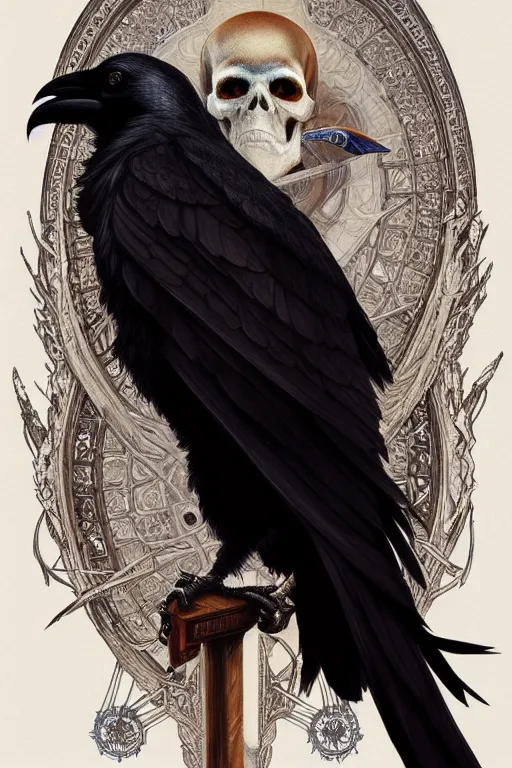 Image similar to painting of a crow sitting on a satanic skull, decorated, intricate, elegant, highly detailed, digital painting, artstation, concept art, smooth, sharp focus, illustration, art by artgerm and greg rutkowski and alphonse mucha, 8 k