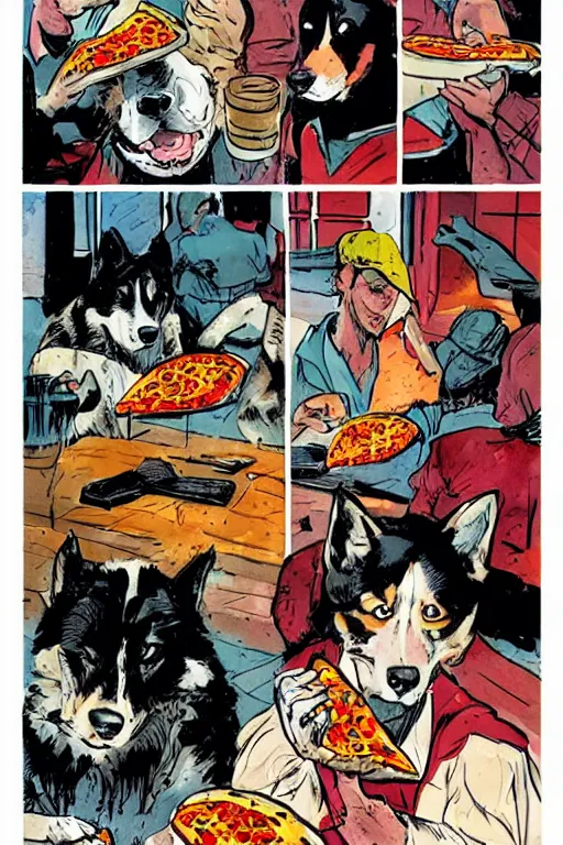 Image similar to happy dogs eating pizza, graphic novel, high contrast, by bill sienkiewicz