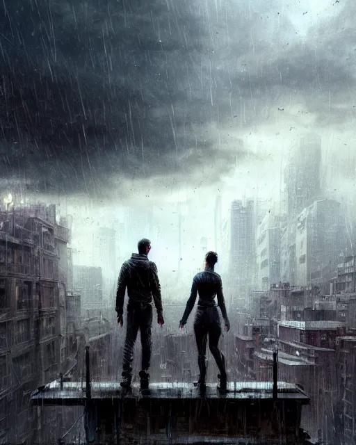 Image similar to epic portrait cinematic shot two survivors standing on a rooftop, apocalyptic city backround, cloudy, stormy, rainy, wet, fine details. night setting. realistic shaded lighting poster by craig mullism, artgerm, jeremy lipkin and michael garmash, unreal engine, radiant light, detailed and intricate environment, digital art, trending on art station,