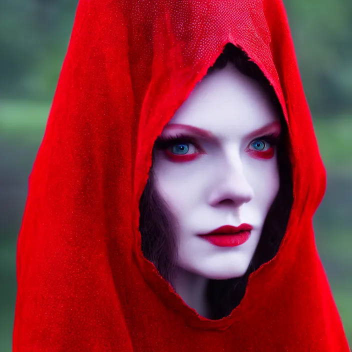 Image similar to photograph of a real-life beautiful red witch with intricate cloak. Extremely detailed. 8k