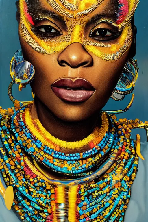 Image similar to detailed portrait of a beautiful African female with face augmentations, strong neon lighting, Afrofuturism, extravagant feathered collar, by glenn fabry, hyper realistic, HD, oil on canvas
