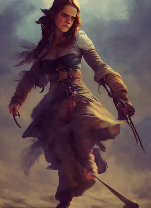 Image similar to hyper realistic photo of medieval beautiful pirate emma watson full body, rule of thirds, conceptart, saturated colors, cinematic, greg rutkowski, brom, james gurney, mignola, craig mullins, artstation, cgsociety