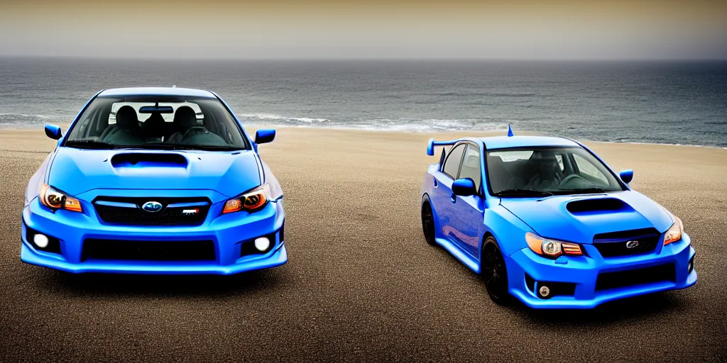Prompt: photograph, 2011 Subaru WRX STi, hatchback, cinematic, california coast, ocean view, 8k, depth of field, bokeh.