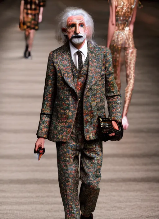 Image similar to hyperrealistic and heavy detailed gucci runway show of albert einstein, leica sl 2 5 0 mm, vivid color, high quality, high textured, real life