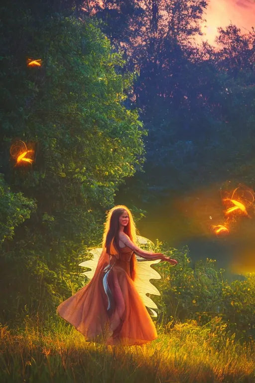 Prompt: fairy woman, long hair, cottage, fireflies, golden hour, 8 k, fields