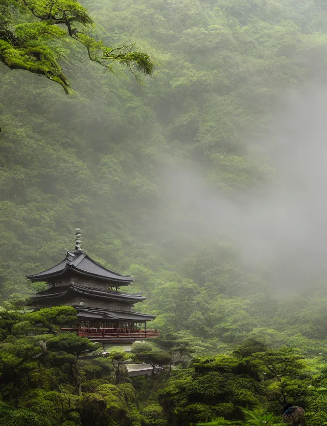 Prompt: a cinematic photo of an ancient japanese hot springs temple on the top of a mountain in a misty bamboo cloud forest