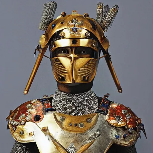 Image similar to photo of a beautiful warrior with sapphire encrusted armour, highly detailed,