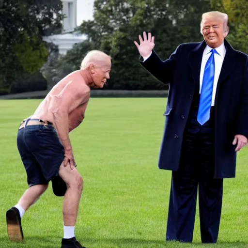 Image similar to donald trump doing a pile driver on joe biden on the white house lawn, wwe style