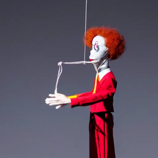 Image similar to string marionette of a president with clown makeup in a podium and a human shadow behind