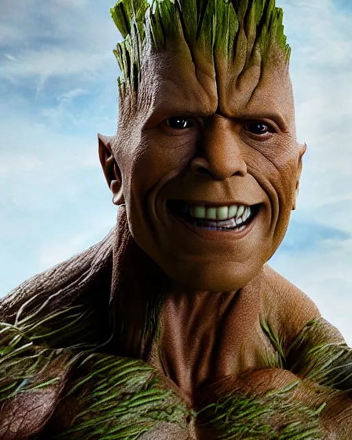 Prompt: film still close up shot of dwayne johnson as groot from the movie guardians of the galaxy. photographic, photography