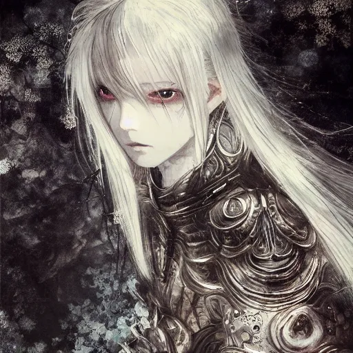 Image similar to yoshitaka amano blurred and dreamy illustration of an anime girl with wavy white hair and cracks on her face wearing elden ring armour with the cape fluttering in the wind, abstract black and white patterns on the background, noisy film grain effect, highly detailed, renaissance oil painting, weird portrait angle