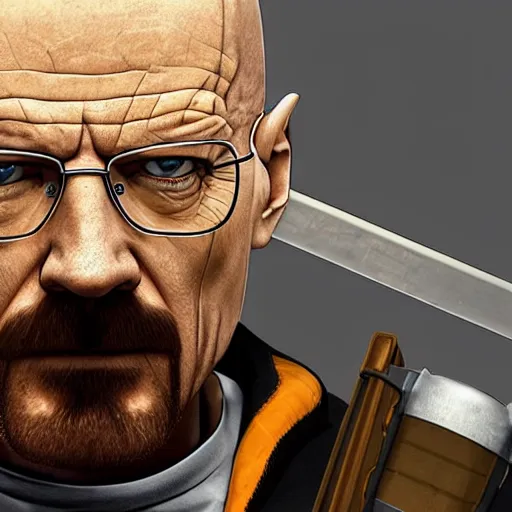 Prompt: Walter White is Gordon Freeman, wearing the HEV suit, wielding a crowbar ready to fight