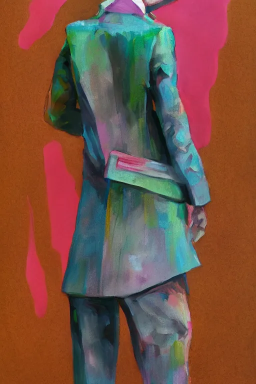 Prompt: a scene with a character wearing a super colorful muted color diy! suit, with a lot of pockets and details, vivienne westwood!, detailed photoreal render octane render, oil on canvas, watercolor