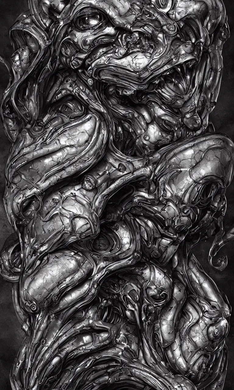 Image similar to engineer prometheus face by Artgerm, xenomorph alien, highly detailed, symmetrical long head, smooth marble surfaces, detailed ink illustration, raiden metal gear, cinematic smooth stone, deep aesthetic, concept art, post process, 4k, carved marble texture and silk cloth, latex skin, highly ornate intricate details, prometheus, evil, moody lighting, hr geiger, hayao miyazaki, indsutrial Steampunk