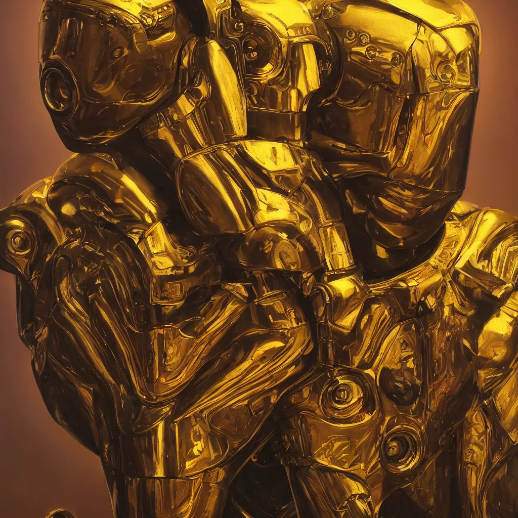 Image similar to cinematic bust portrait of psychedelic god robot from left, head and chest only, robotic improvements, part of Moebius, part of maxfield parrish, part of Thomas Ehretsmann,, oil on canvas, masterpiece, trending on artstation, cinematic composition, dramatic pose, beautiful lighting, sharp, details, hyper-detailed, volumetric lighting 4K