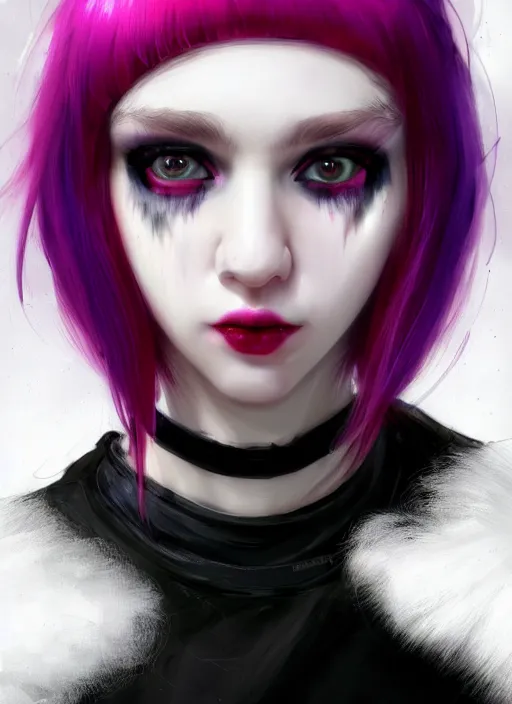 Image similar to portrait of white teenage girl, normal face, white bangs, mall goth, cyberlox, black and white hair, bangs, fluffy bangs, red contact lenses, purple lipstick, intricate, elegant, highly detailed, digital painting, artstation, concept art, sharp focus, smooth, illustration, art by wlop, mars ravelo and greg rutkowski