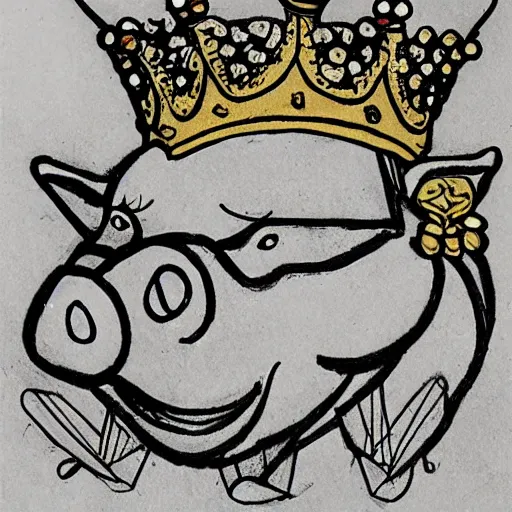 Image similar to detailed sketches of a pig wearing a gold crown by Bill Watterson drawn like saturday morning cartoons