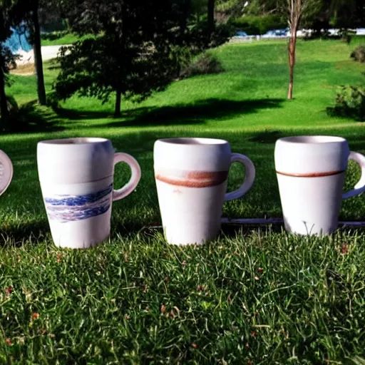 Prompt: 4 round, old, ceramic coffee cups strolling through an idyllic park while drinking coffee