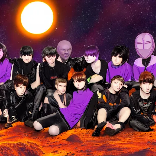 Image similar to group shot of depressed teenagers with emo haircuts wearing gothy purple and black spandex suits, sitting next to smashed burning spacecraft wreckage, on the orange surface of mars, highly detailed, dramatic lighting, photorealistic, cinematic