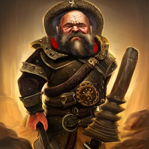 Image similar to a detailed portrait painting of the dwarf bardin goreksson, from vermintide 2 video game, holding a shield and hammer, steampunk engineer, artstation, 8 k, fantasy