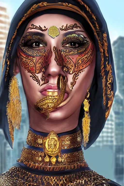 Prompt: hyperrealistic portrait from middle eastern mask woman, ride horse, super highly detail, accurate, without duplication content, gta chinatown wars art style, white border frame.