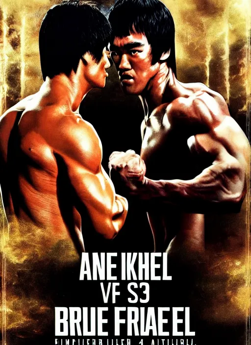 Prompt: Film poster Bruce lee fights VS Arnold Schwarzenegger, faces look at each other, detailed and realistic, 4k, filmic render