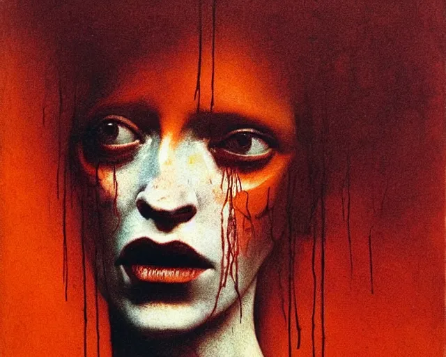 Image similar to by francis bacon, beksinski, mystical redscale photography evocative, full eyebrows lips, expressionism. kat dennings uma thurman christina hendricks tilda swinton