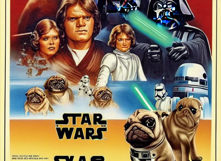 Image similar to vintage 1 9 7 7 star wars episode iv a new hope movie poster, with pugs instead of people