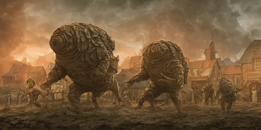 Prompt: Intricate detailed illustration, A giant human tardigrade hybrid attacking a 1940s village, cinematic lighting, by Philip Hood, wide angle, volumetric light scattering, 8k, artstation, concept art,