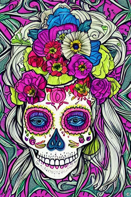 Prompt: illustration of a sugar skull day of the dead girl, art by vincent locke