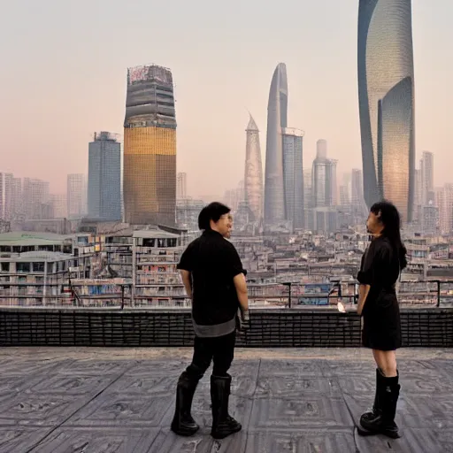 Prompt: a small rooftop with a couple of modern teenagers wearing cowboy boots and dr martens standing and talking to each other, wearing black modern clothes, modern shanghai bund is on the background, sunset, by gregory crewdson