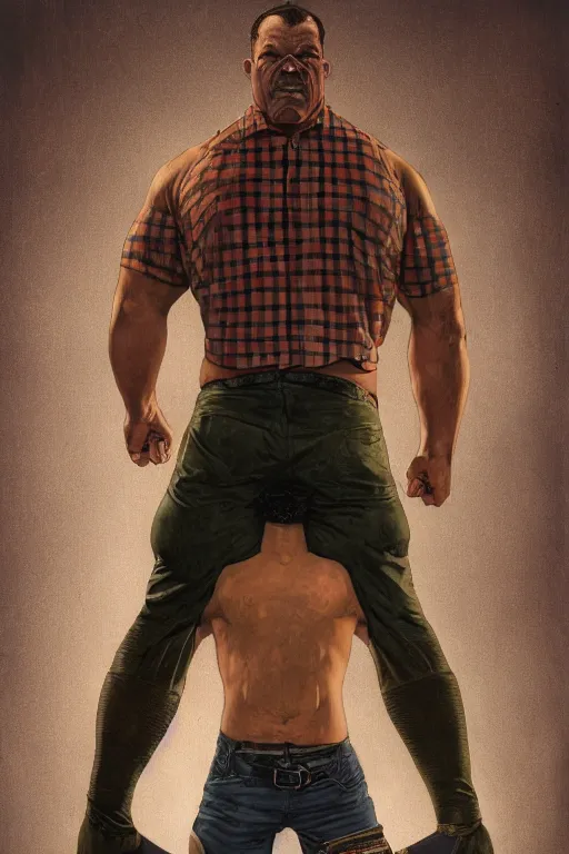 Image similar to upper body and head portrait of huge hulking absurdly muscular jocko willink as marvel character wearing plaid shirt and pants against simple background by alex ross and jack kirby and sergey kolesov and jason fabok and lawrence alma tadema and norman rockwell and greg staples, photoreal, cinematic, 4 k, high detail