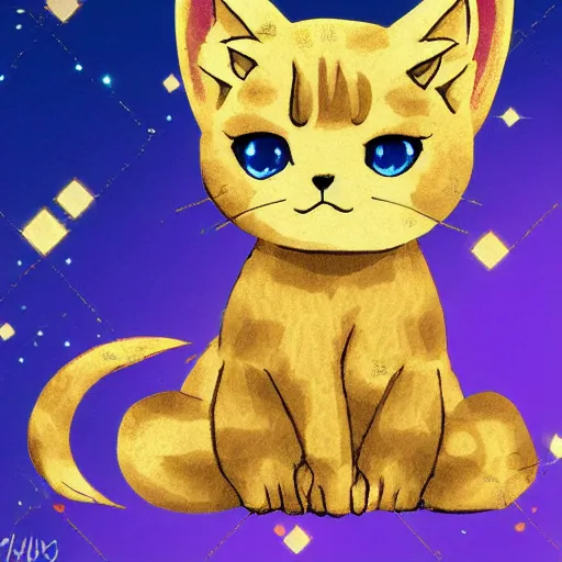Prompt: anime styled kitten in gold suit