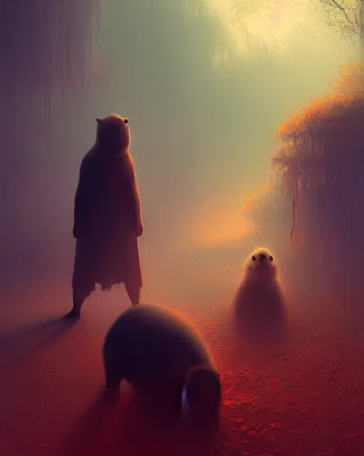 Image similar to white capybara petted by dark vader, surreal photography, volumetric light, impressionist painting, digital painting, artstation, kilian eng, john harris, bastien lecouffe - deharme, simon stalenhag