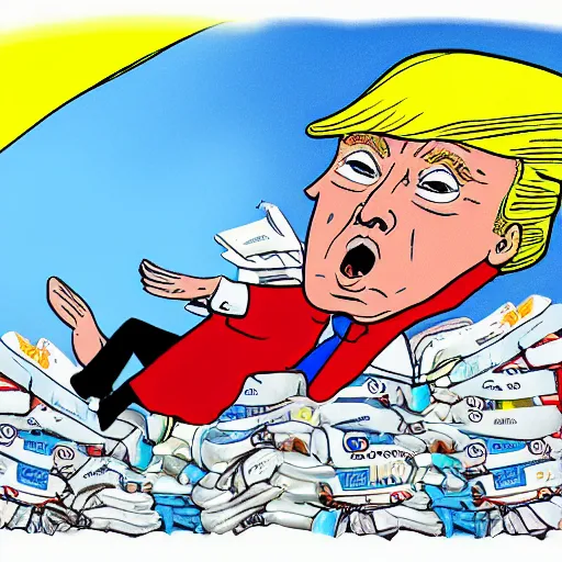 Prompt: Donald trump hang gliding over a sea of diapers, cartoon