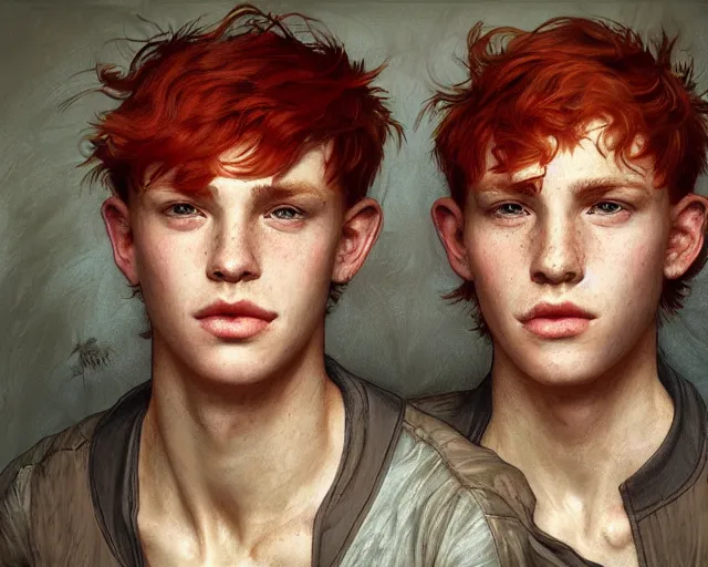 Image similar to portrait of 1 9 - year - old male twins with red hair and freckles, two male, wearing shirts, hyper realistic face, beautiful eyes, fantasy art, in the style of greg rutkowski, intricate, alphonse mucha, hyper detailed, smooth