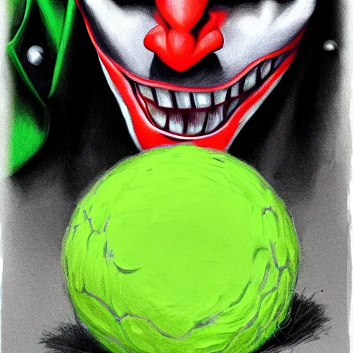 Image similar to a tennis ball monster the joker, chalk, digital art, fantasy, magic, trending on artstation, ultra detailed, professional illustration by Basil Gogos