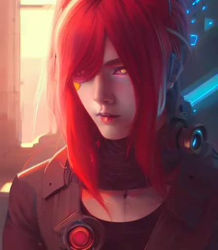 Prompt: cyberpunk anime young girl with vibrant red hair, hourglass slim figure, playful smile, sad eyebrows, madness face, blue eyes, dungeons and dragons portrait, highly detailed, digital painting, artstation, concept art, sharp focus, illustration, art by artgerm and greg rutkowski and alphonse mucha