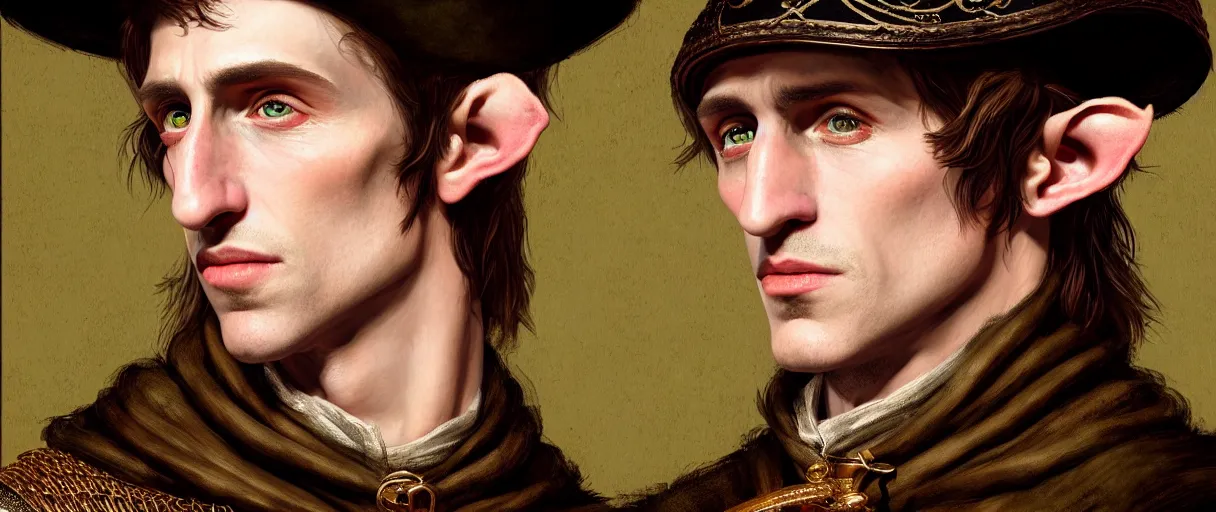 Prompt: hyperrealist highly detailed english medieval portrait of a very handsome half-elf bard, wearing a hat and expensive clothes, concept art pascal blanche dramatic studio lighting 8k wide angle shallow depth of field