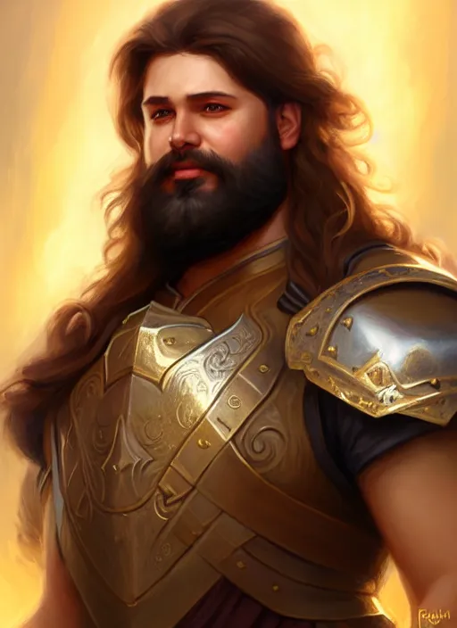 Image similar to a _ fantasy _ style _ portrait _ painting _ of light brown male paladin with long wavy brown hair chubby and beard, rpg dnd oil _ painting _ unreal _ 5 _ daz. _ rpg _ portrait _ extremely _ detailed _ artgerm _ greg _ rutkowski _ greg