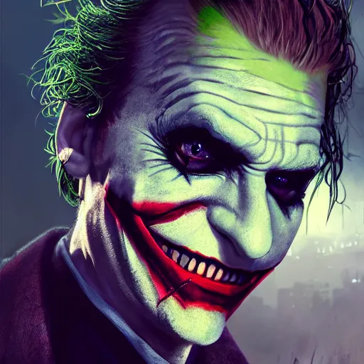 Image similar to The Joker from the suicide quad, full body shot, fantasy, medieval, vivid colors, elegant, concept art, sharp focus, beautiful face, digital art, Hyper-realistic, 4K, Unreal Engine, Highly Detailed, HD, Dramatic Lighting by Brom, trending on Artstation