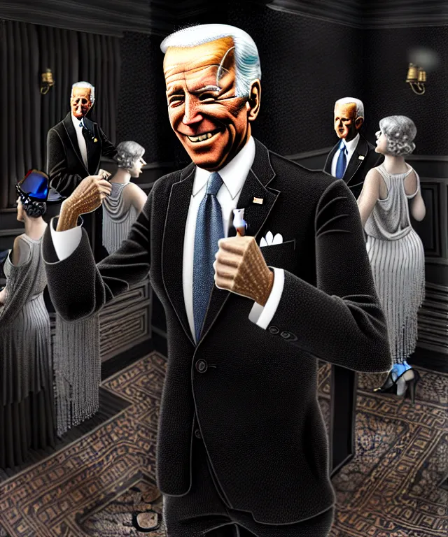 Image similar to hyperrealistic mixed media painting of Joe Biden as a swing dancer, dimly lit 1920s speakeasy, black tuxedo, stunning 3d render inspired art by P. Craig Russell and Barry Windsor-Smith + perfect facial symmetry + dim volumetric lighting, 8k octane beautifully detailed render, post-processing, extremely hyperdetailed, intricate, epic composition, grim yet sparkling atmosphere, cinematic lighting + masterpiece, trending on artstation, very very detailed, masterpiece, stunning