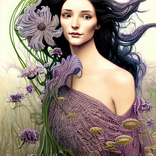 Prompt: facial portrait of a young pretty woman in flowing dress, arrogant, mysterious, long fine flowing hair, delicate, looking at camera, slightly awkward smile, realistic face, hands behind back, stylish, elegant, grimdark fantasy, flowers, extremely detailed painting inspired by Gerald Brom and Ernst Haeckel and Kaluta