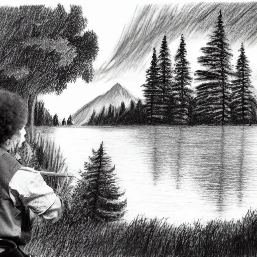 Prompt: Bob Ross drawing a forest with a lake