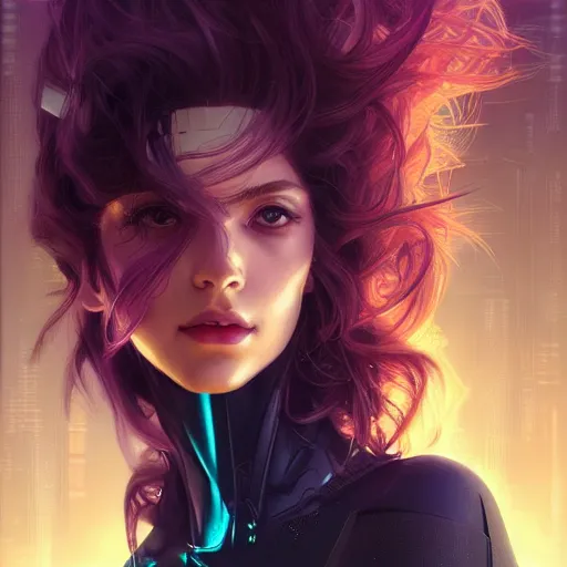 Image similar to beautiful, young woman, cybernetic, cyberpunk, detailed gorgeous face, flowing hair, vaporwave aesthetic, synthwave , digital painting, artstation, concept art, smooth, sharp focus, illustration, art by artgerm and greg rutkowski and alphonse mucha