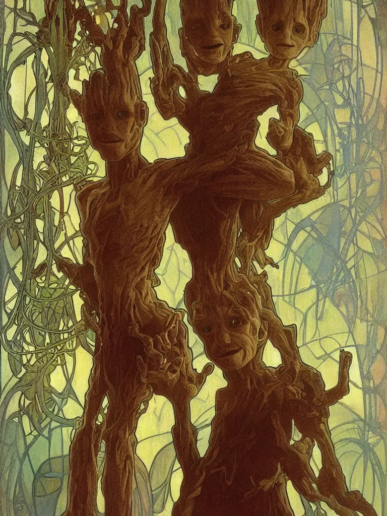 Image similar to realistic detailed portrait of a baby groot in the mirror, god ray behind,, scary style, by alphonse mucha