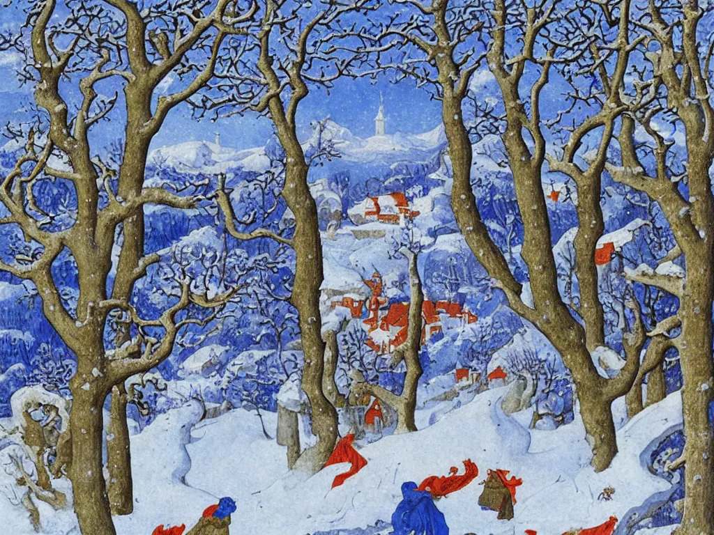 Image similar to winter scene with dragon. painting by limbourg brothers