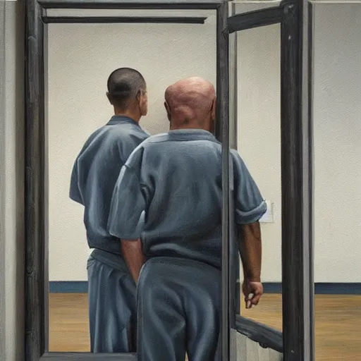 Image similar to hyperrealism painting of prisoners scheming to escape prison while guards are distracted